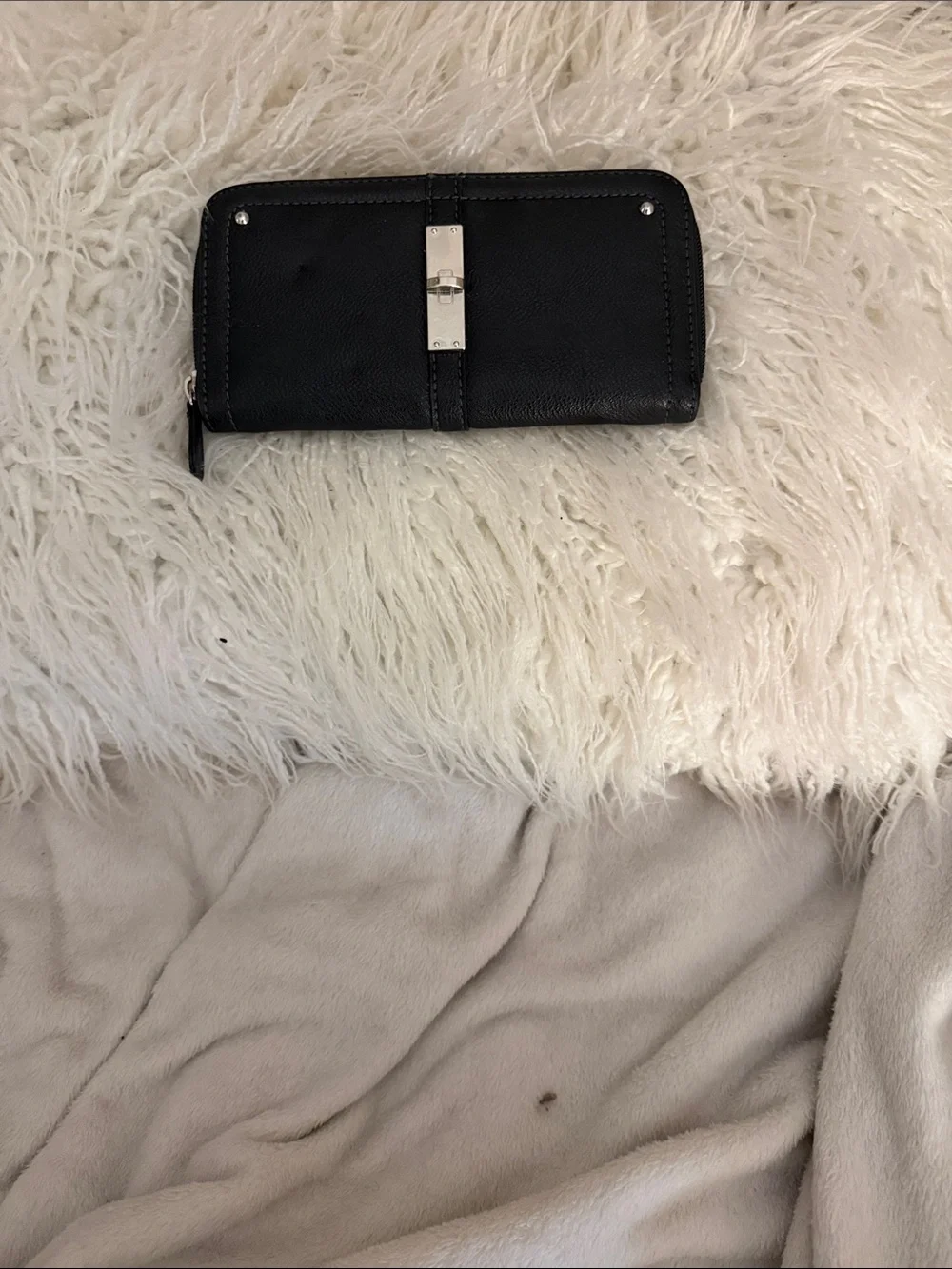 Black Leather Zip-Around Wallet with Silver Accent